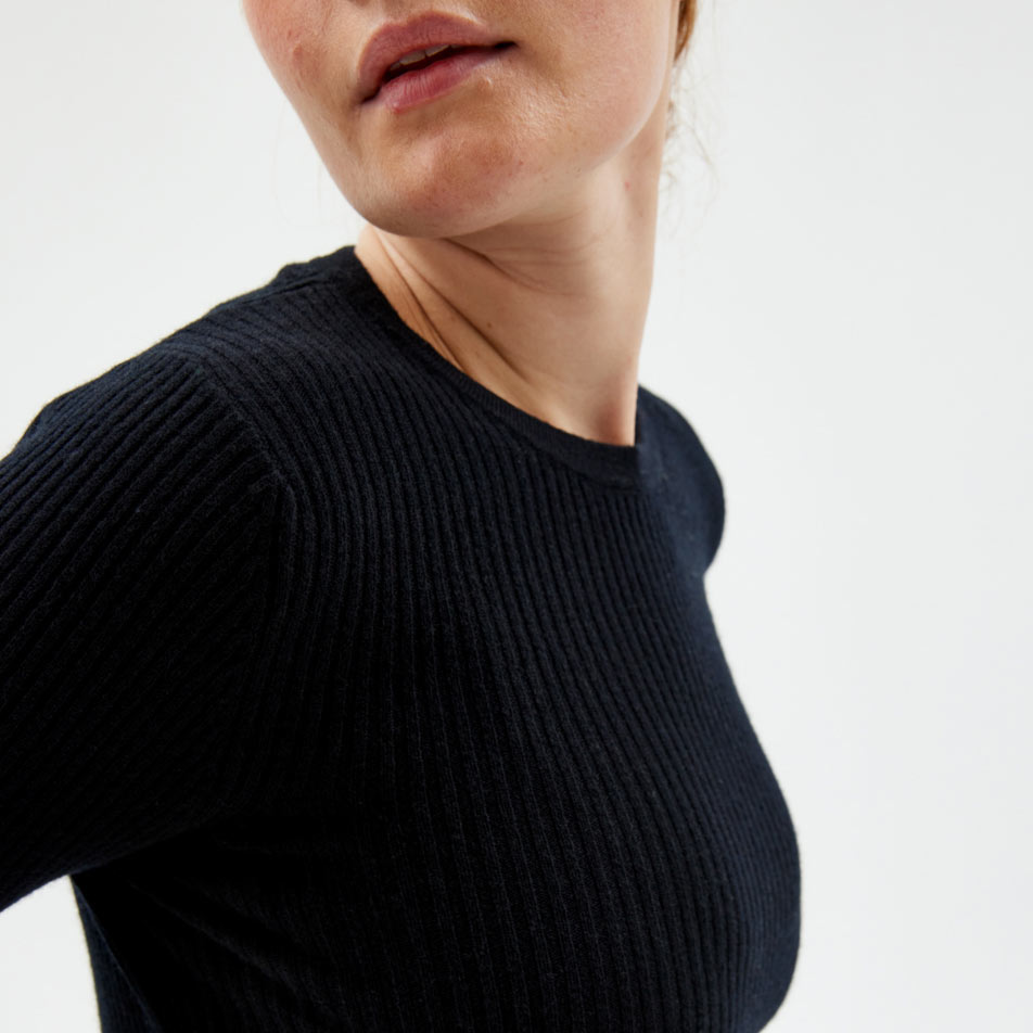 Thick rib long sleeve wool sweater
